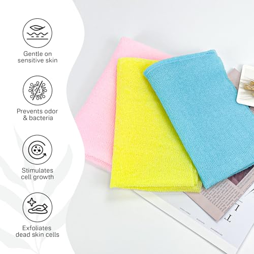 Yiclick Exfoliating Washcloth Towel, Japanese Exfoliating Wash Cloth, Korean Body Scrubber Exfoliator, Back Scrubber Washer for Shower Bath, Body Scrub African Net Sponge Loofah Luffa Colors