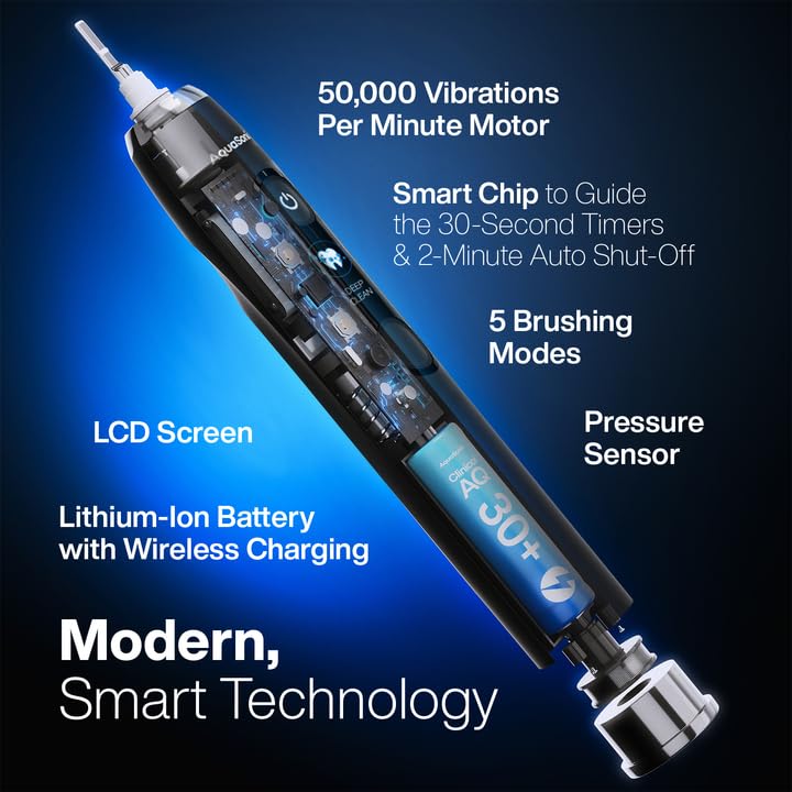 Aquasonic Clinical AQ Ultra-Whitening Smart Toothbrush with Pressure Sensor, LCD Screen & Battery Level Indicator - 2 Brush Heads & Hard Sell Travel Case