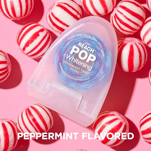 REACH POP Whitening Dental Floss, Peppermint, Baking Soda Infused, Teeth Whitening, Plaque Remover for Teeth, Shred Resistant, Vegan Wax, Cruelty Free, Oral Care, PFAS Free, 1 Pack, 54.6 yd