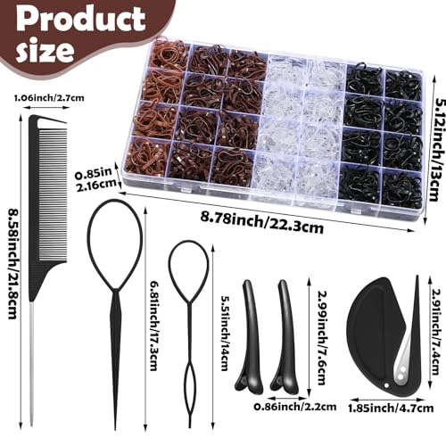 1500 Pcs Hair Bands in 4 Natural Colors - Rubber Hair Ties with Organizer Box and 6 Styling Tools for Women, Girls, Kids