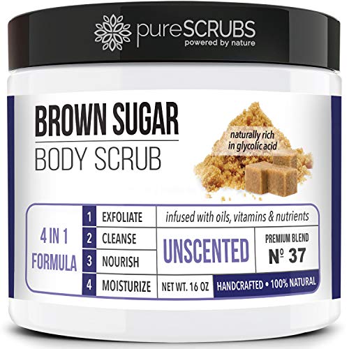 pureSCRUBS Premium Unscented Brown Sugar Body Scrub | Large 16oz Jar | Face, Feet & Full Body Scrub | Includes Wooden Spoon, Loofah & Mini Exfoliating Bar Soap