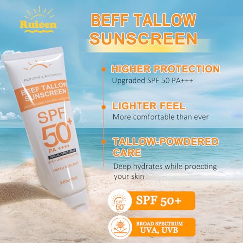 Beef Tallow Sunscreen with Zinc Oxide: Mineral Sunscreen SPF 50, Organic Natural Sun screen-Non Greasy Formula, No White Cast, Beef Tallow Sunblock for Sensitive Skin- Water-Resistant-2.82 oz (80g)