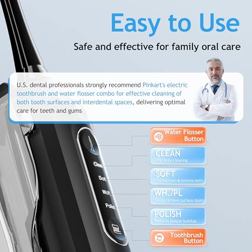 Pinkart 3 in 1 Electric Toothbrush with Water Flosser Combo for Adults, Toothbrush Flosser Combo in One, 8 Brush Heads, Flosser Tip, 180ML Water Tank, Rechargeable Portable Oral Irrigator (Black)