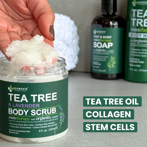 Pure Tea Tree Oil Body & Foot Scrub, Himalayan Salt Exfoliating Scrub with Stem Cells & Shea Butter, Antifungal Defense, Acne Support, Itchy Skin Relief, Removes Dead Skin & Rough Patches