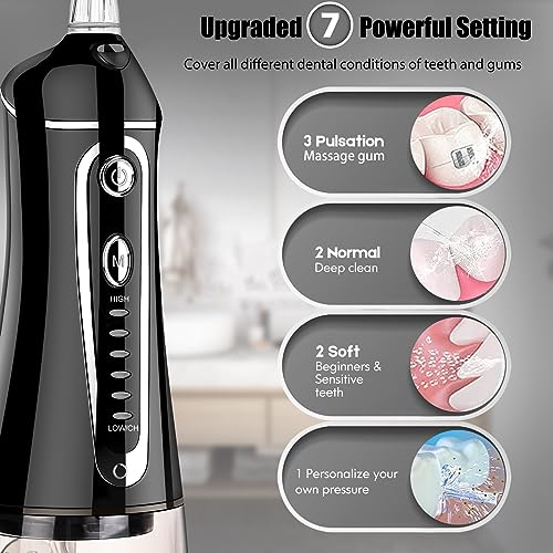 Cordless Water Flosser for Teeth Rechargeable - FZCOK 7 Clean Settings Oral Irrigator Dental Flosser for Braces Adults Teeth Cleaning Portable with Long Battery Life, Waterproof(Black)