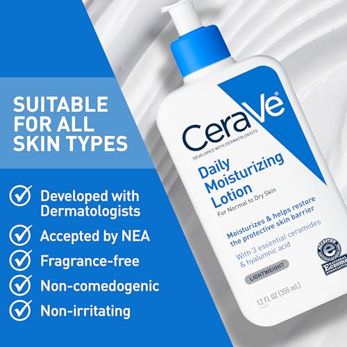 CeraVe Daily Moisturizing Lotion for Dry Skin, Body Lotion & Face Moisturizer with Hyaluronic Acid and Ceramides, Daily Moisturizer, Fragrance Free, Oil-Free, 19 Ounce