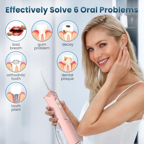 Water Flosser for Teeth Cleaning, 300ML Portable Cordless Oral Irrigator with DIY Strength, 4 Modes, IPX7 Waterproof & 30-Day Battery, 2-Min Smart Timer for Home/Travel Dental Care, Rose Gold