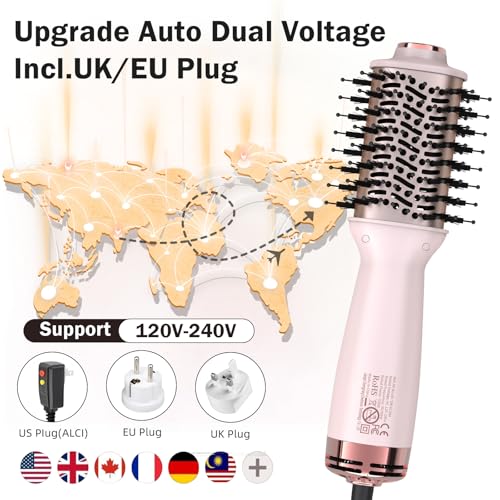 Dual Voltage Travel Hair Dryer Brush Mini Hot Air Brush with European Plug One Step Blow Dryer and Styler Volumizer for Home and Salon Use