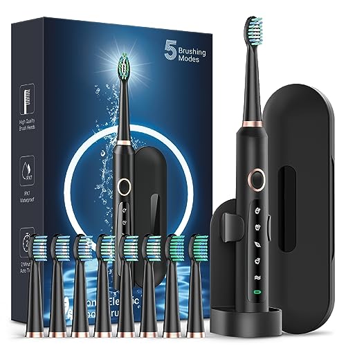 Sonic Electric Toothbrush for Adults - Rechargeable Electric toothbrush with 8 Brush Heads & Travel Case,Teeth Whitening , Power Electric Toothbrush with Holder, 3Hours Charge for 120 Days - Black