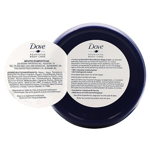 Dove Nourishing Body Care, Face, Hand, and Body Rich Nourishment Cream for Extra Dry Skin with 48-Hour Moisturization, 4-Pack, 2.53 Oz Each Jar