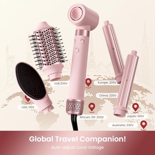 MESCOMB Dual Voltage Hot Air Styler Wrap - 5 in 1 Hair Dryer Brush with Fast Drying Blow Dryer, Styling, Straightening & Volumizing with Travel Bag (100V–240V) -Pink