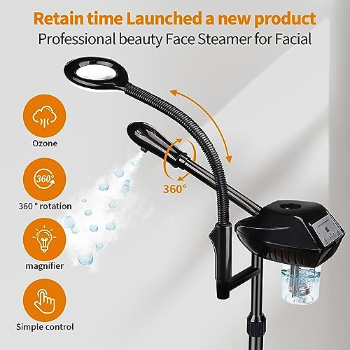 Facial Steamer for Ozone Humidifier Atomizer Attach 5× Magnifier and Light, Professional Face Steamer Clean Skin Firming Pores and Moisturizing Suitable for a Beauty, Spa, at Home