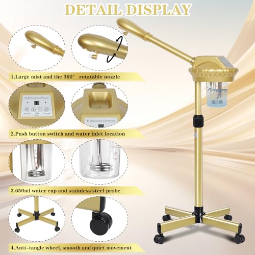 Facial Steamer, Professional Facial Steamer for Estheticians, Hot Mist & Timer Function, Ozone Face Steamer on Wheels for Spa, Salon and at Home Use