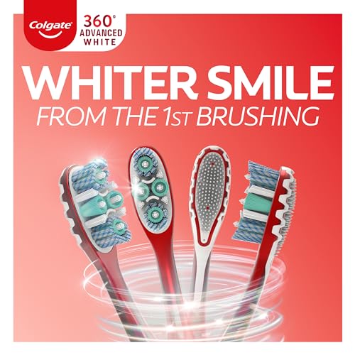 Colgate 360 Advanced Whitening Soft Toothbrush Pack, 4 Adult Soft Toothbrushes with Cheek and Tongue Cleaner, Helps Clean Your Teeth, Tongue, Cheeks, & Gums, 4 - Pack
