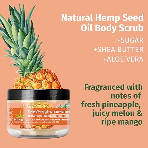 HEMPZ Sugar Body Scrub All Natural Exfoliating Shea Butter, Sugar, and Salt - For Women, Men, and Teens, 7.3 fl oz (Pineapple & Honey Melon)
