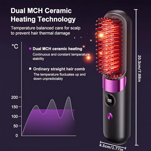 Brush Pro, Portable Wireless Straight Hair Comb, Straightener Brushs for Travel with LCD Temperature Display, Hair Straightener Fast Heating Cordless Mini Hair Brushs (Black)