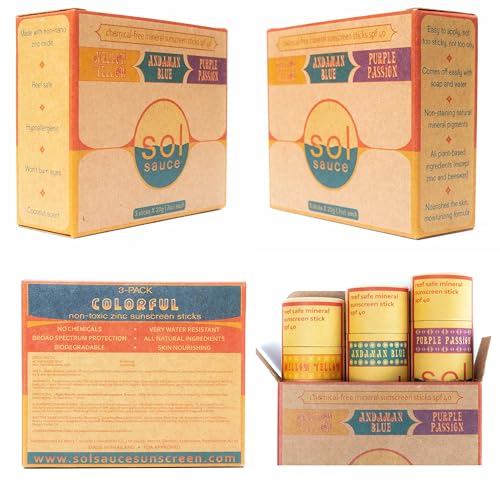 Colorful Zinc Sunscreen Sticks • All Natural • Non-Toxic • Reef Safe • Non-Staining • Plastic-Free Packaging, yellow, blue, and purple