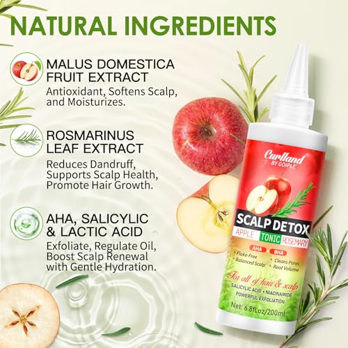 Rosemary & Apple Scalp Exfoliating Tonic - Scalp Detox Serum Deep Cleansing & Clarifying Treatment for Buildup, Dry Flaky Scalps - Soft Silicone Hair Scalps Massager Shampoo Brush for All Hair Types