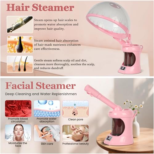 2-in-1 Hair and Facial Steamer with Extendable Arm,Face Steamer for Deep Cleaning,Hair Steamer Humidifier for Deep Conditioning,Tabletop Steamer for Personal Care Use at Home