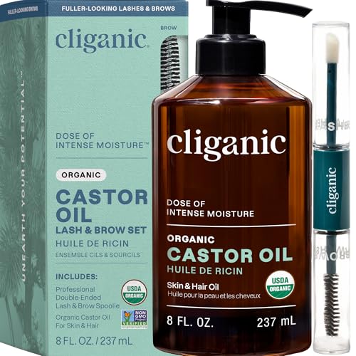 Cliganic Organic Castor Oil, 100% Pure (8oz with Eyelash Kit) - For Eyelashes, Eyebrows, Hair & Skin | Bulk, Natural Cold Pressed Unrefined Hexane-Free | DIY Carrier Oil