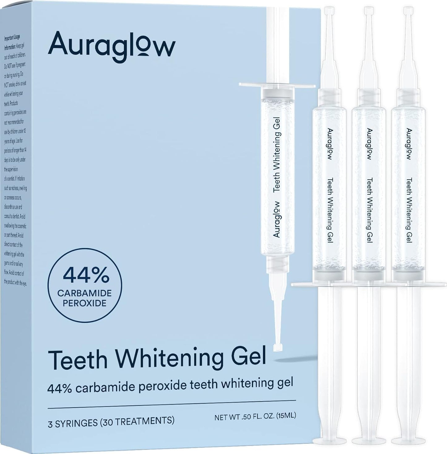 AuraGlow Teeth Whitening Gel Syringe Refill Pack, 44% Carbamide Peroxide, (3X) 5ml Syringes, 30 Treatments