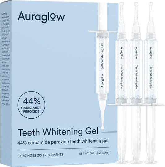 AuraGlow Teeth Whitening Gel Syringe Refill Pack, 44% Carbamide Peroxide, (3X) 5ml Syringes, 30 Treatments