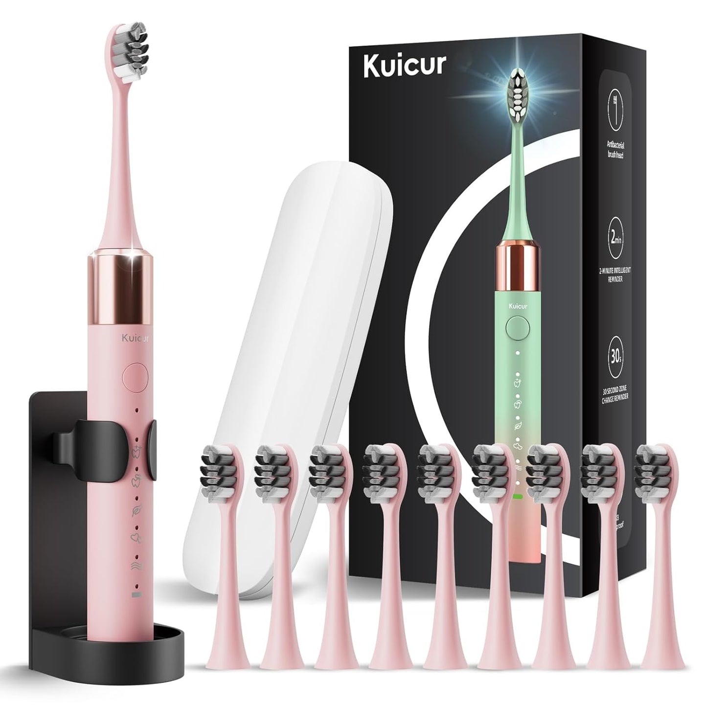 Sonic Electric Toothbrush for Adults & Kids, Rechargeable Electric Toothbrush with 10 Brush Heads & Travel Case, Teeth Whitening, Power Tooth Brush with Holder, Charge for 120 Days - Pink