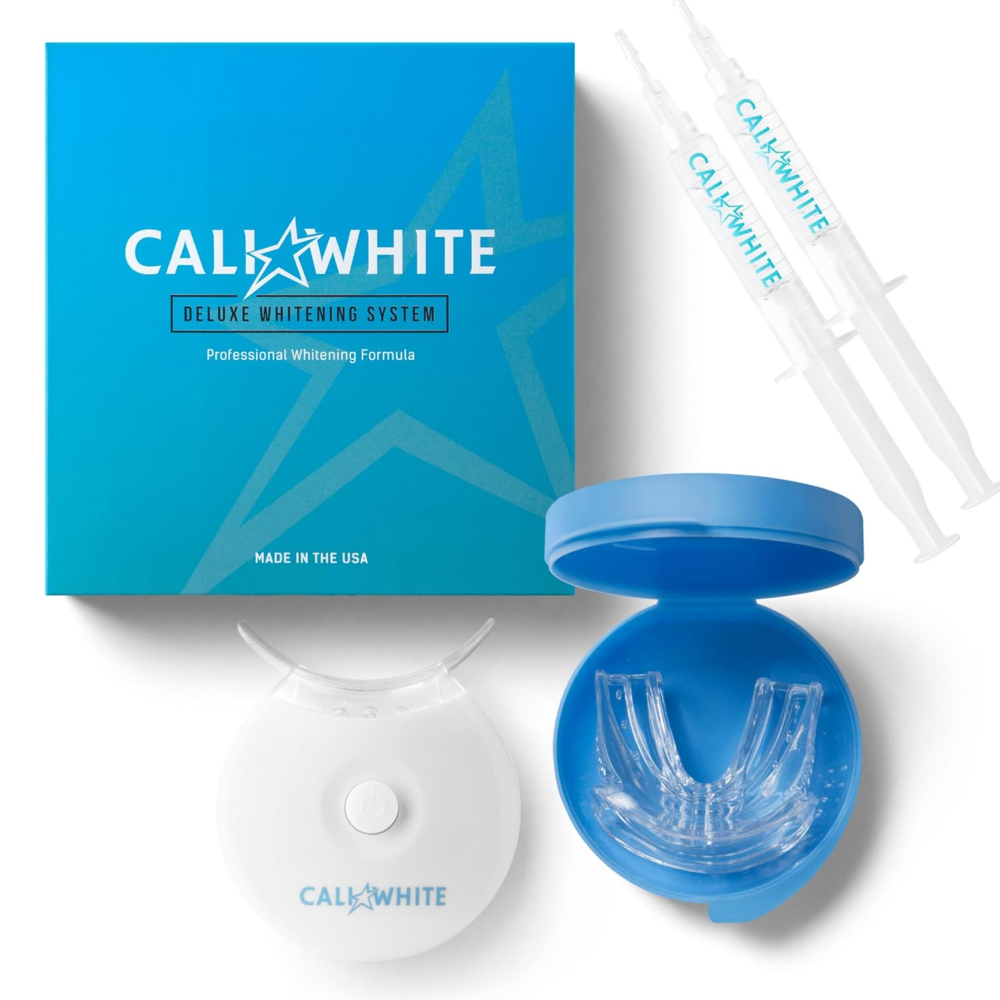 Cali White Teeth Whitening Strip Kit with LED Light and Batteries - Organic Peroxide Teeth Whitener Gel - Set of White Strips - 2x5ml Syringes, Thermoform Whitening Kit Trays and Case