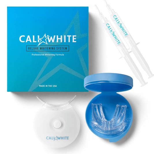 Cali White Teeth Whitening Strip Kit with LED Light and Batteries - Organic Peroxide Teeth Whitener Gel - Set of White Strips - 2x5ml Syringes, Thermoform Whitening Kit Trays and Case