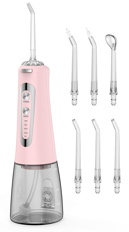Water Flosser,300ML Water Pulse flossers-5 Modes&6 Replaceable Jet Tips for Teeth Cleaning and Flossing,Rechargeable (Pink)