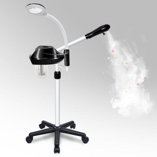 Professional Facial Steamer, 2 in 1 Facial Steamer on Wheels with 5X Magnifying Lamp, Steamer for Face Adjustable Height, Steamer for Facial for Salon, Spa and at Home Use