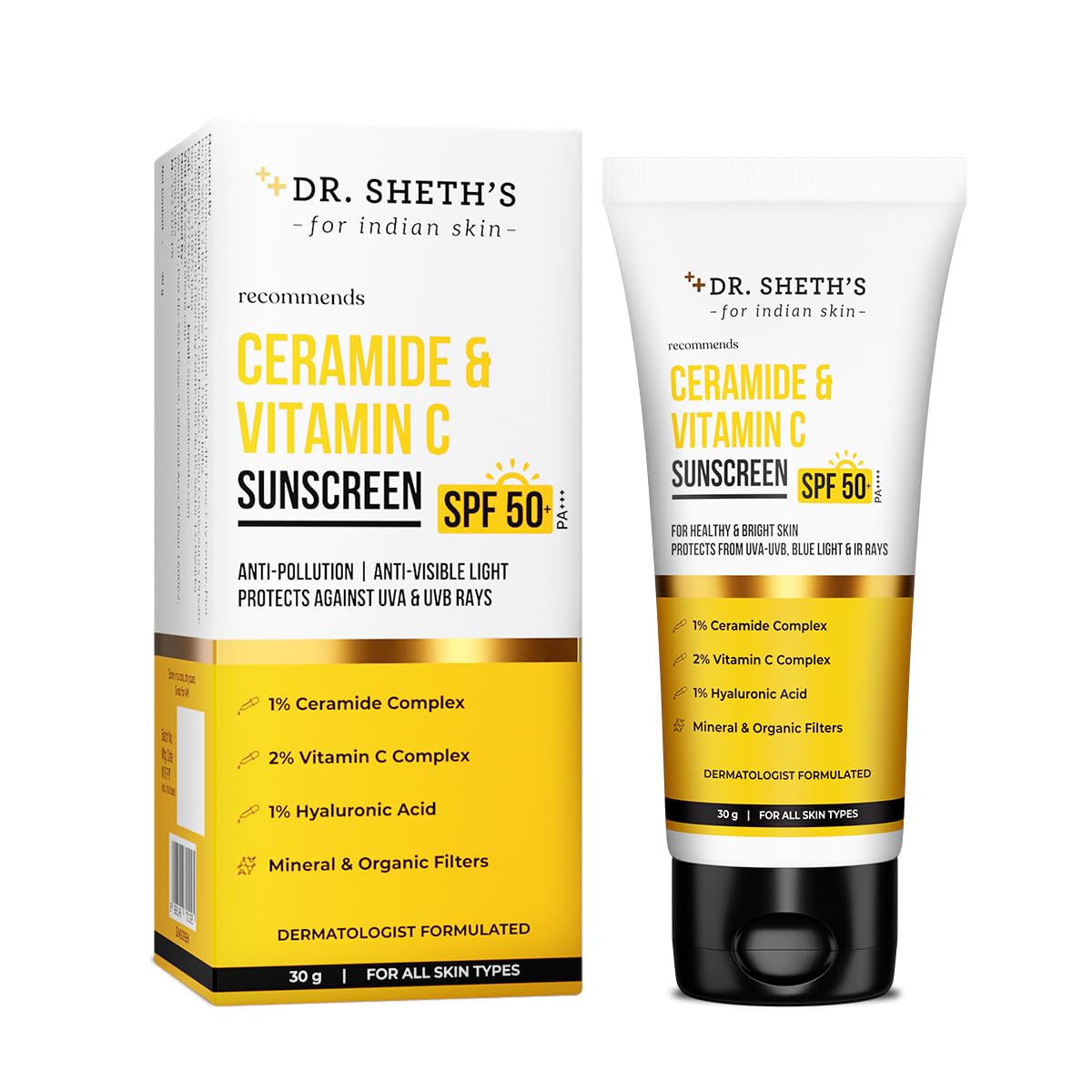 Dr. Sheth's Ceramide & Vitamin C Sunscreen | In-Vivo Tested | SPF 50+ Pa++++ | Healthy Glow | Non-Greasy, Quick-Absorbing | Women & Men | All Skin Types, 30G