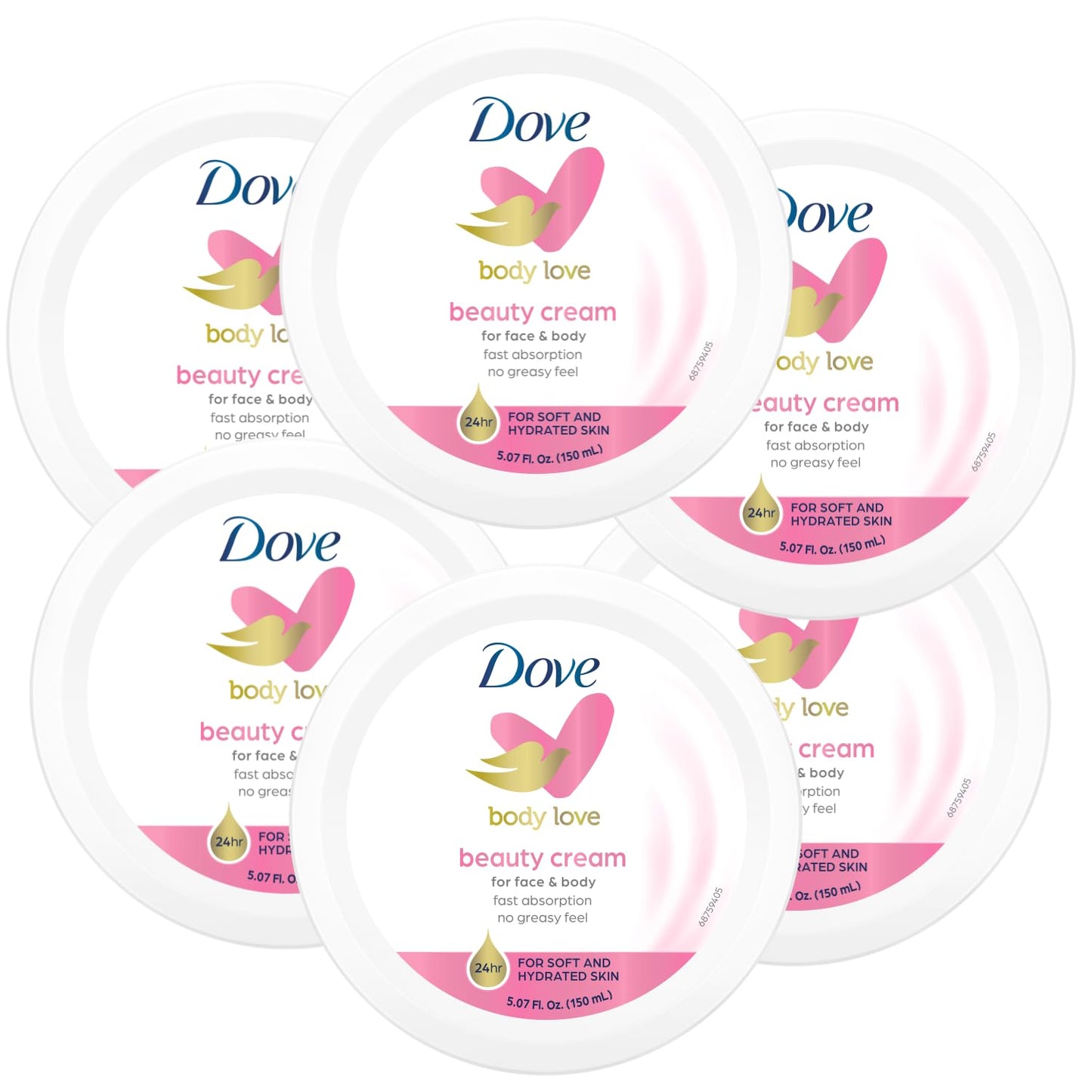 Dove Nourishing Body Care, Face, Hand, and Body Beauty Cream for Normal to Dry Skin Lotion for Women with 24-Hour Moisturization, 6-Pack, 5.07 Oz Each Jar