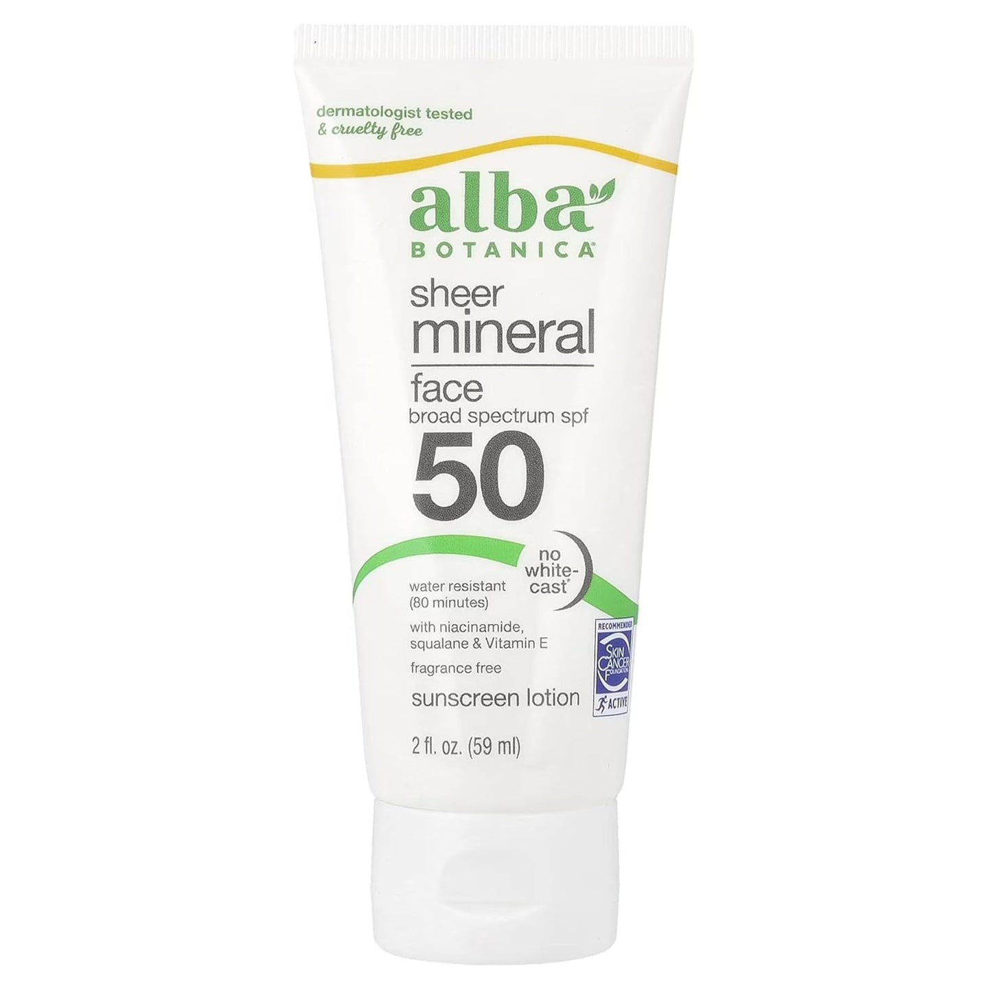 Alba Botanica Sunscreen for Face, Fragrance-Free Sheer Mineral Face Sunscreen Lotion, Broad Spectrum SPF 50, Water Resistant and Biodegradable, 2 fl. oz. Bottle (Packaging May Vary)
