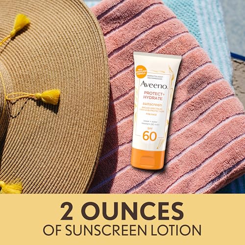 Aveeno Protect + Hydrate Face Sunscreen, SPF 60 Broad Spectrum, for Sensitive Skin, Travel Size, Water Resistant (80 minutes), Paraben, Oxybenzone & Oil Free, 2 fl oz