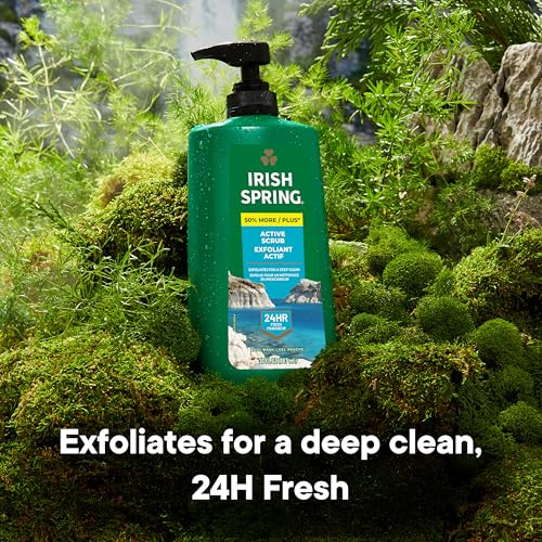 Irish Spring Active Scrub Exfoliating Body Wash for Men, 24-Hour Fresh, Biodegradable Ingredients, Paraben Free, Cool Fresh Scent, 30 fl oz Pump Bottle
