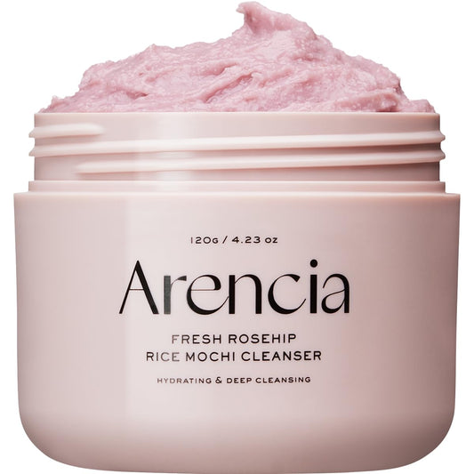 Arencia Rosehip Brightening Rice Mochi Face Cleanser & Daily Scrub - Moisturizing, Exfoliating & Deep-Cleansing - All Skin Types with Rice Powder & Rice Water (4.23oz)