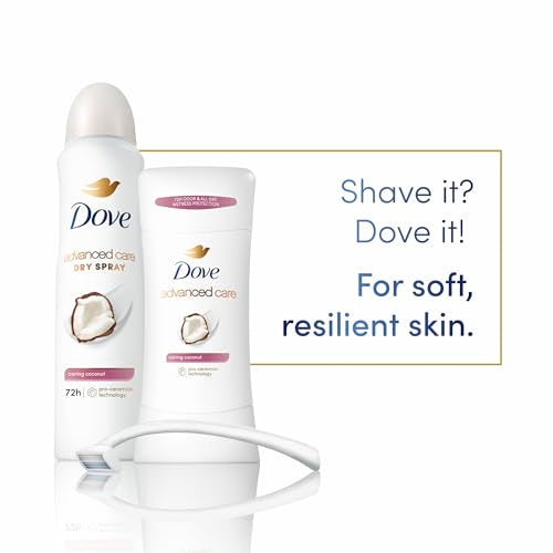 Dove Advanced Care Antiperspirant Deodorant Stick Caring Coconut 4 ct for helping your skin barrier repair after shaving 72-hour odor control and sweat protection with Pro-Ceramide Technology 2.6 oz