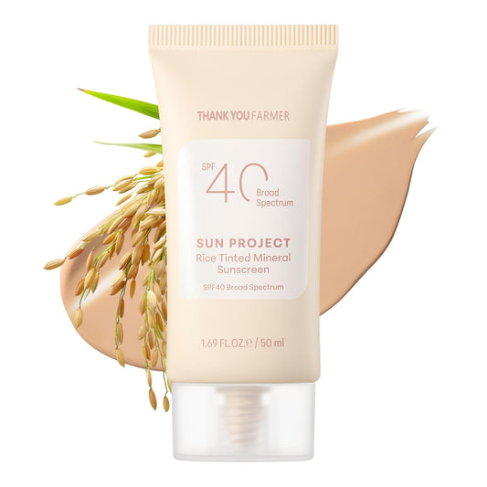 THANKYOU FARMER Sun Project Rice Tinted Mineral Sunscreen SPF40 Broad Spectrum - Korean Face Sunscreen with Zinc Oxide - Tinted SPF with No White Cast, Dermatologist-Tested - 1.69 fl oz