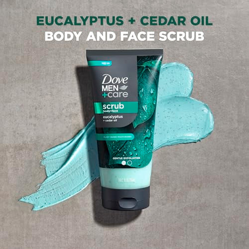 DOVE MEN + CARE Body and Face Scrub Eucalyptus Deeply Exfoliates for Hydrated & Nourished Skin 100% Gentle Cleanser, No Sulfate Cleansers or Parabens 9 oz