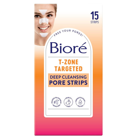 Bioré T-Zone Blackhead Remover Strips, Deep Cleansing Pore Strips, (5 Nose + 5 Face + 5 Chin Strips), Instant Pore Unclogging for the T-Zone Area, 15 Count