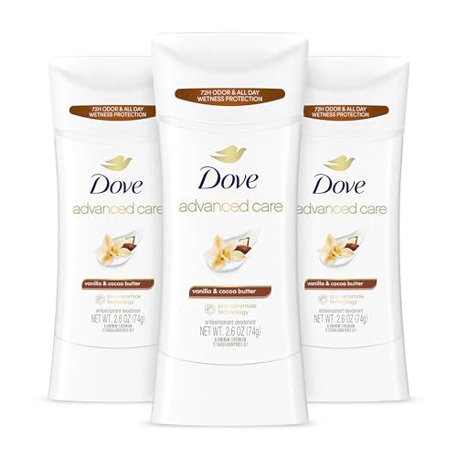 Dove Advanced Care Antiperspirant Deodorant Stick Vanilla & Cocoa Butter 3 Count Antiperspirant deodorant with Pro-Ceramide Technology 72-hour odor control and all-day sweat protection 2.6 oz