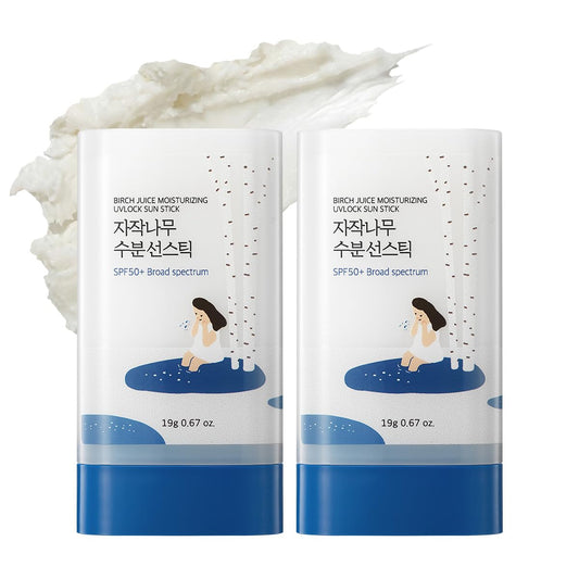 ROUND LAB Birch Juice Moisturizing Sun Stick DUO Broad Spectrum SPF 50+, 1.34oz, Sunscreen Stick for face and body, No White Cast, Non-Sticky, Travel-Friendly, Protector Solar Barra, Korean Sunscreen