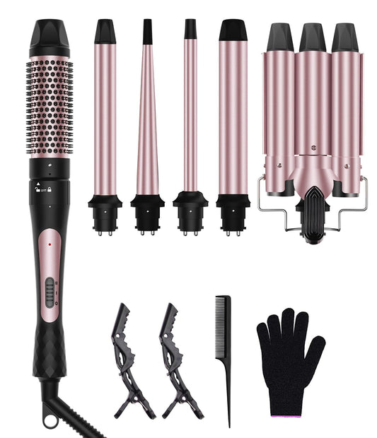 6 in 1 Wand Curling Iron, 3 Barrel Curling Iron Set with Thermal Brush (1.5") and 5 Interchangeable Ceramic Hair Wand Curler (0.35"-1.25"), Travel Multi Curl, Instant Heat Up, 2 Temp Heating Settings
