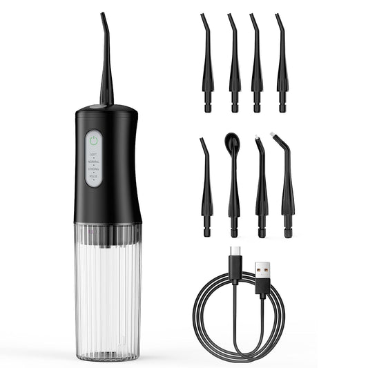 Cordless Water Flosser for Teeth Cleaning Pick - Electric Dental Irrigator with 4 Cleaning Modes & 8 Jet Tips, IPX7 Waterproof, Portable Rechargeable Design for Home & Travel Use,Black