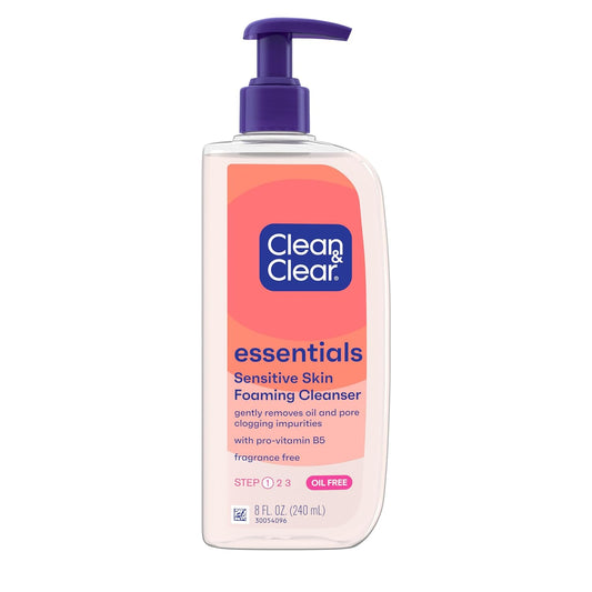 Clean & Clear Essentials Oil-Free Foaming Facial Cleanser, Daily Face Wash with Pro-Vitamin B5 Gently Removes Oil & Pore Clogging Impurities Without Drying Skin, Fragrance-Free, 8 fl. oz