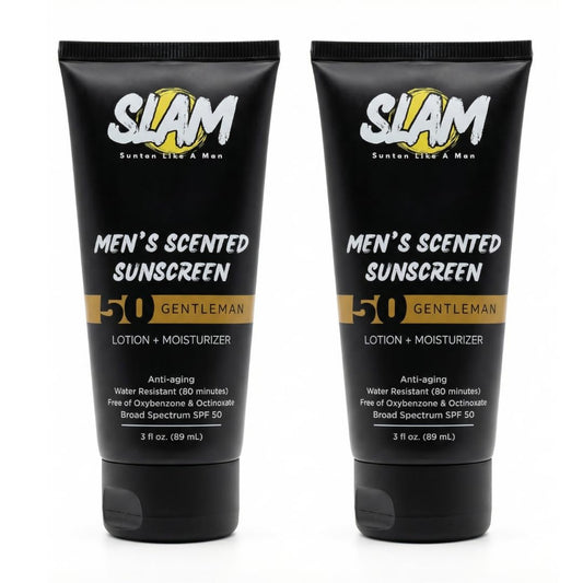 SLAM GentleMan Men's Sunscreen Lotion SPF 50 & Moisturizer – Face & Body Sunblock, Anti-Aging, Water-Resistant, Hawaii Act 104 Safe, Skincare for Men, Cologne Scented – 3 fl oz. each. Double pack.