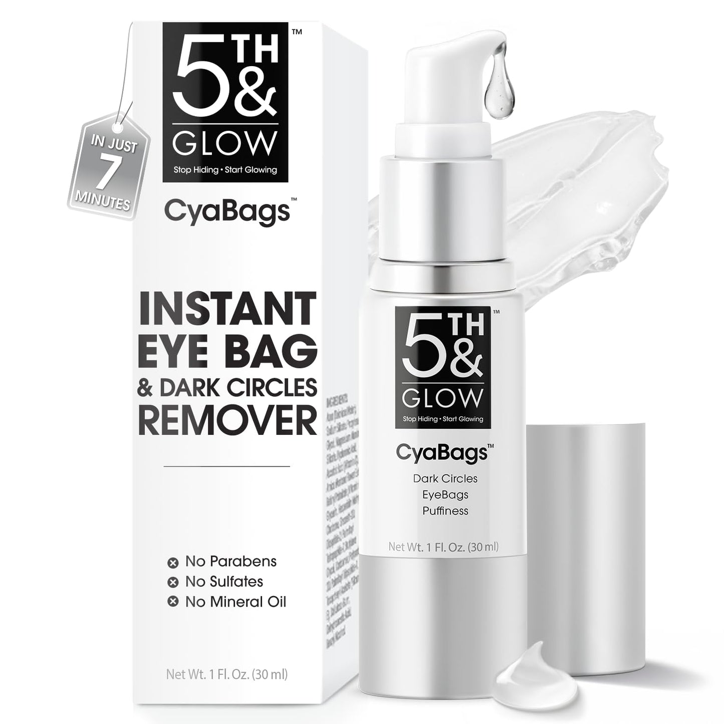 5th & Glow Cyabags - Instant Puffy Eyes Reduction & Under Eye Bag Remover Serum For Women - Hyaluronic Acid & Vitamin C Cream for Fine Lines, Wrinkles & Crowsfeet, 1 oz