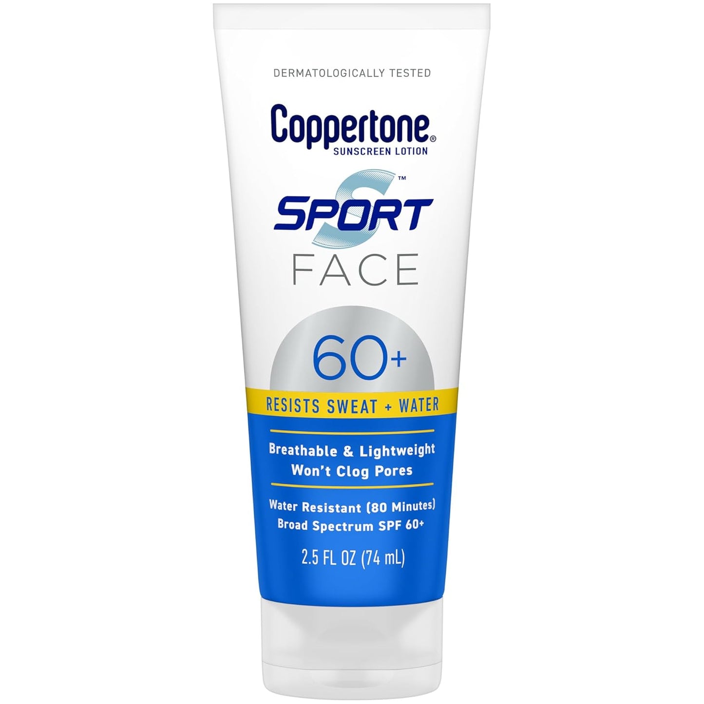 Coppertone Sport Face Sunscreen Lotion SPF 60+, Water Resistant Sunscreen with Broad Spectrum SPF 60+, Lightweight and Breathable, 2.5 Fl Oz Tube
