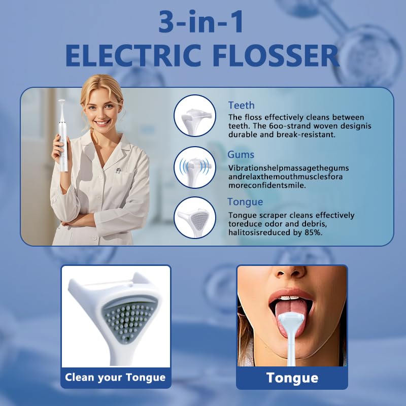 Electric Dental Flosser - 4 Speed Rechargeable Ultrasonic Electric Flossing with 50 Replacement Heads, Portable Teeth Cleaning Tool for Gentle Gum Care & Tongue Cleaning,Fit Men & Women